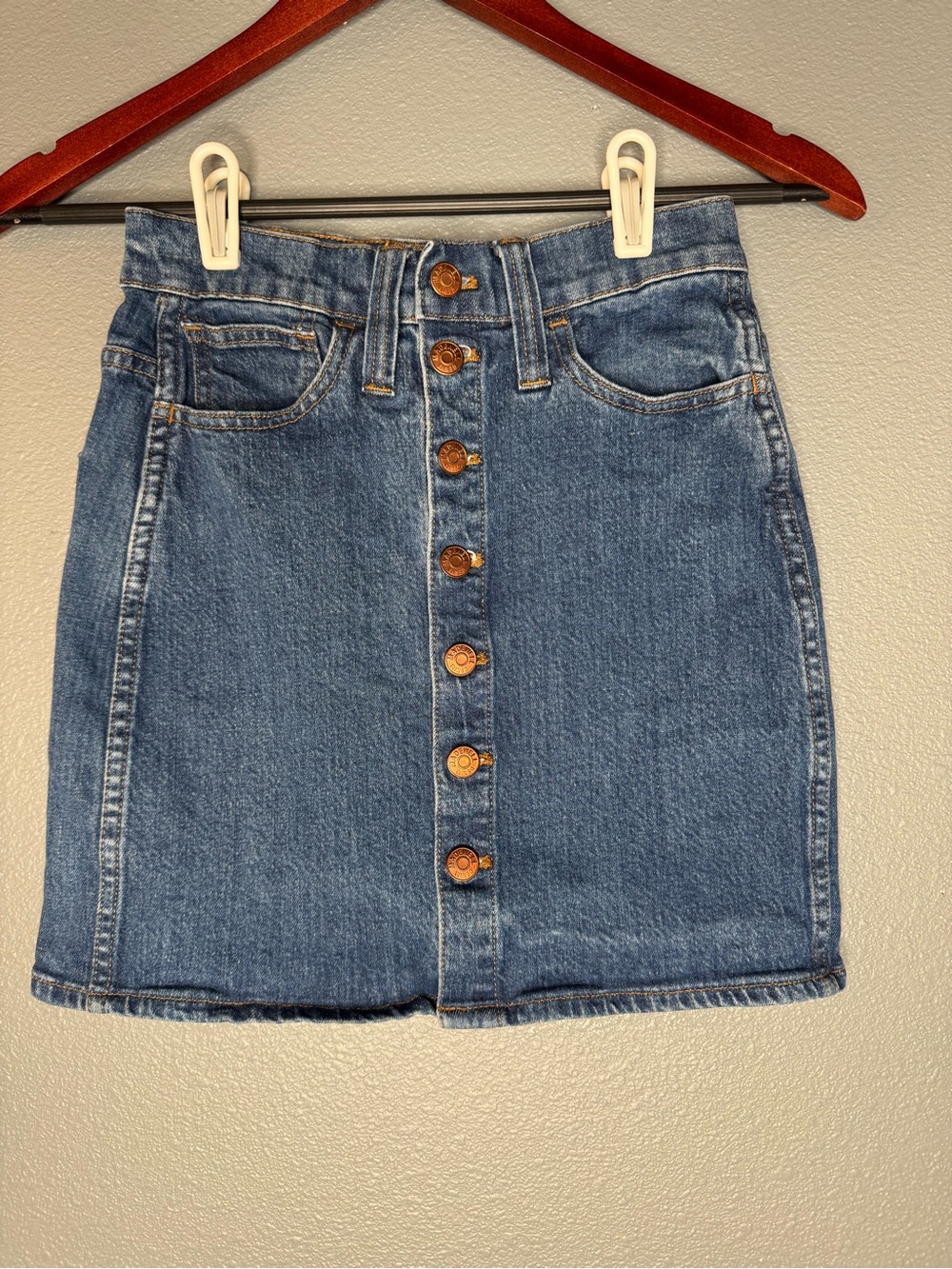 Madewell J0564 Denim Button Front Mini Skirt Womens 23 High Rise Stretch Blue